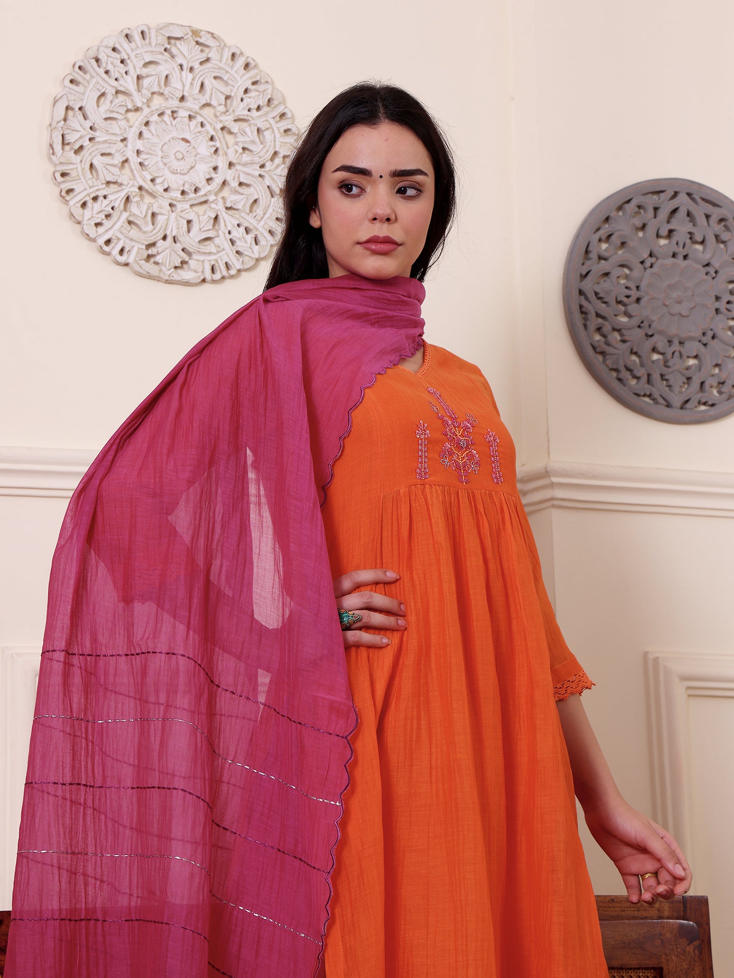 Orange mul chanderi beadwork kurta