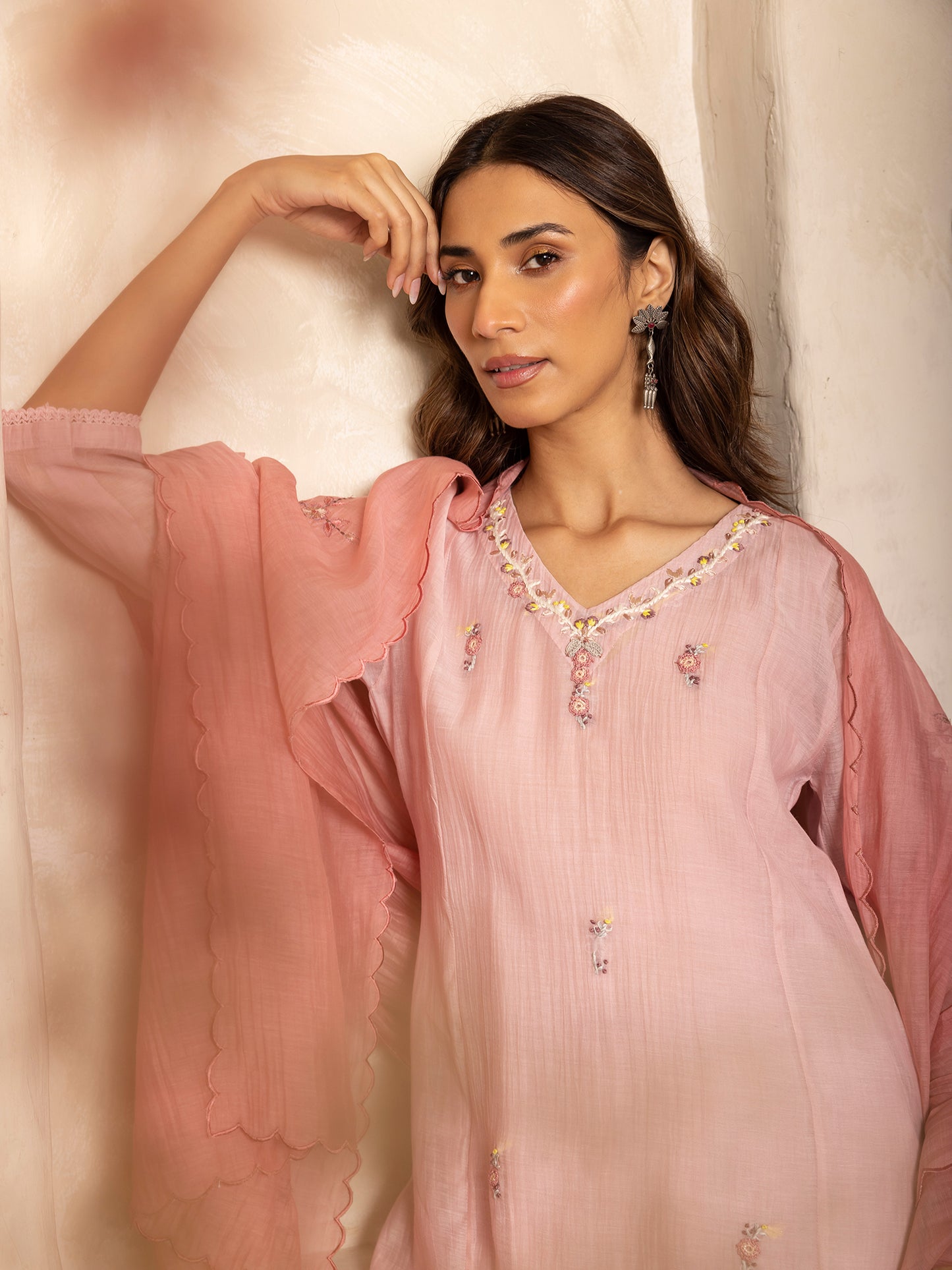 Peach mul chanderi thread with crochet hand embroidery kurta