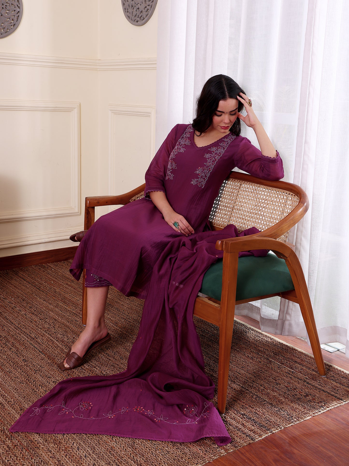 Purple mul chanderi bead work kurta set
