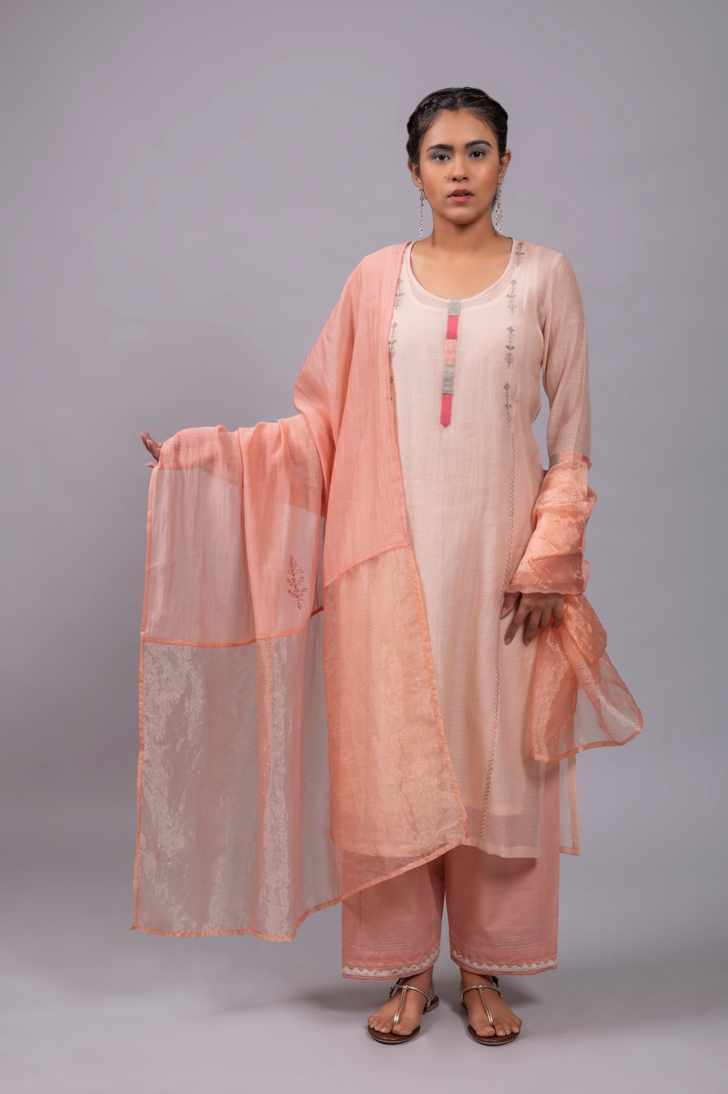 Peach Fine Chanderi Kurta Set