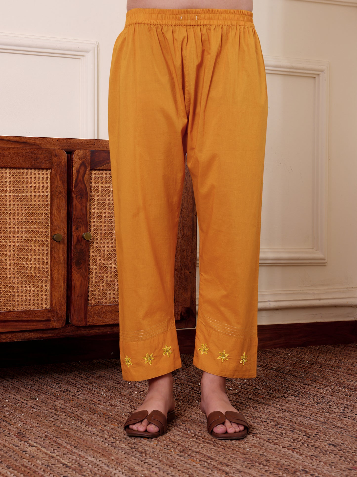 Yellow mul chanderi bead work kurta set