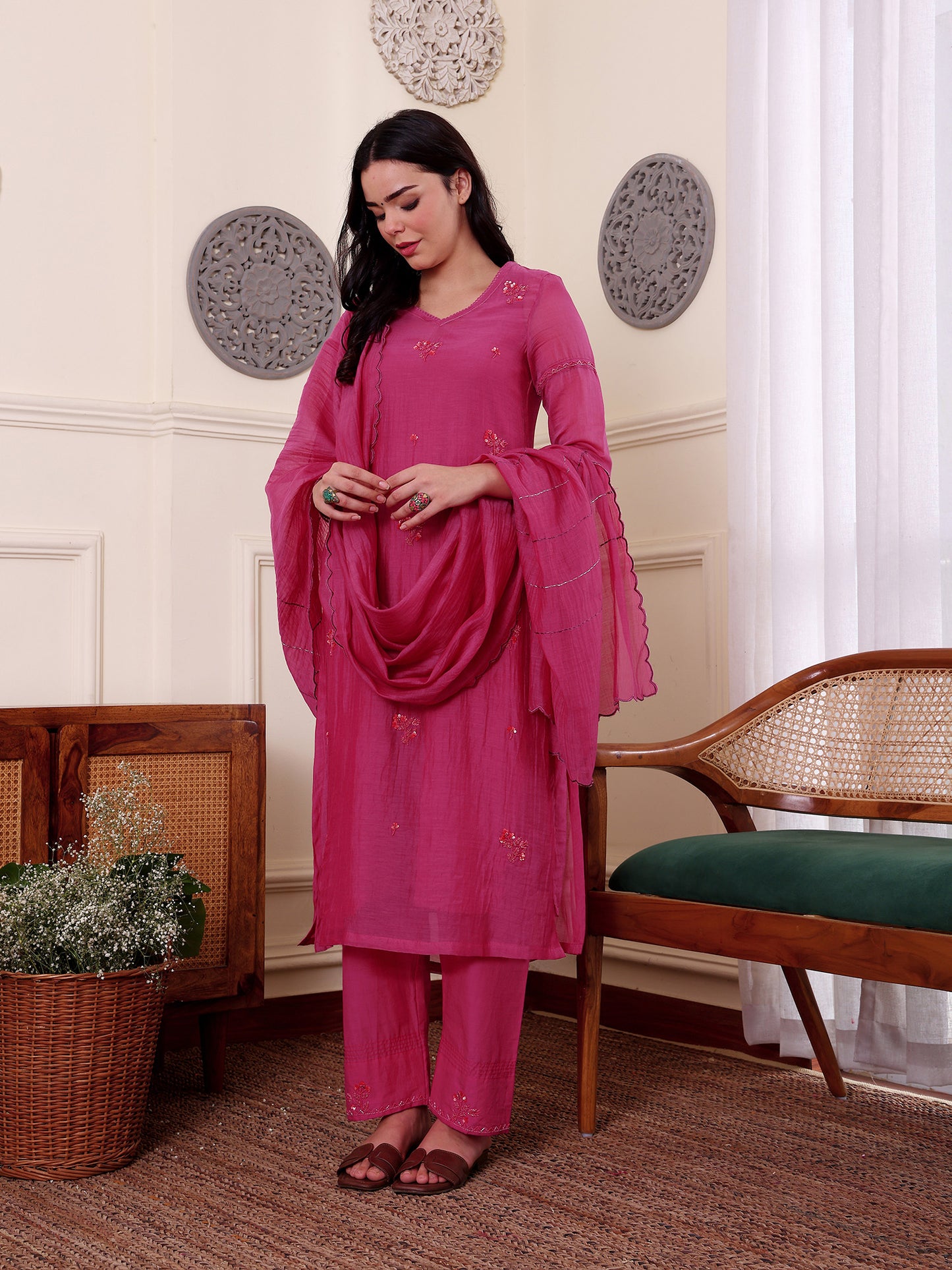 Rani pink mul Chanderi bead work Kurta