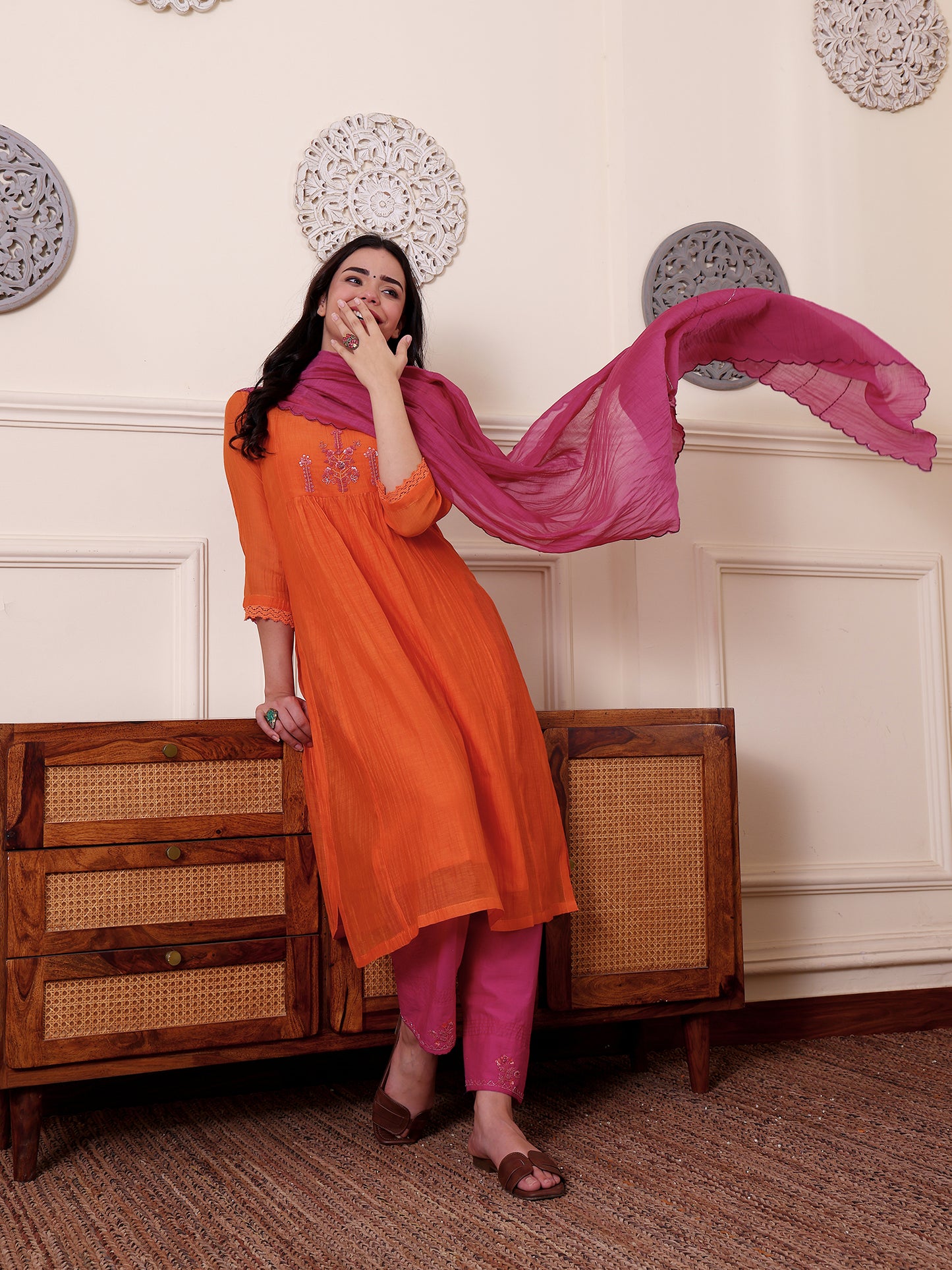 Orange mul chanderi beadwork kurta