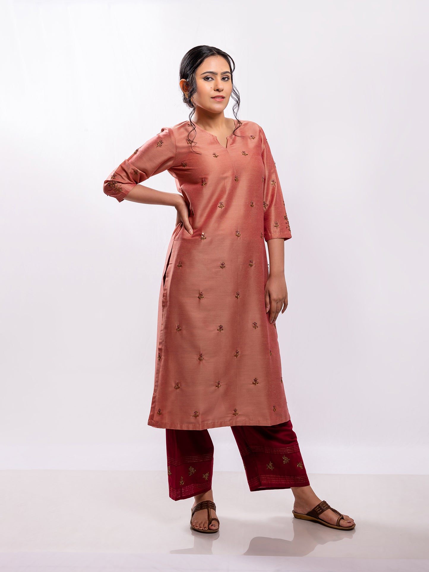 Old rose cotton silk aari hand embroidery kurta set