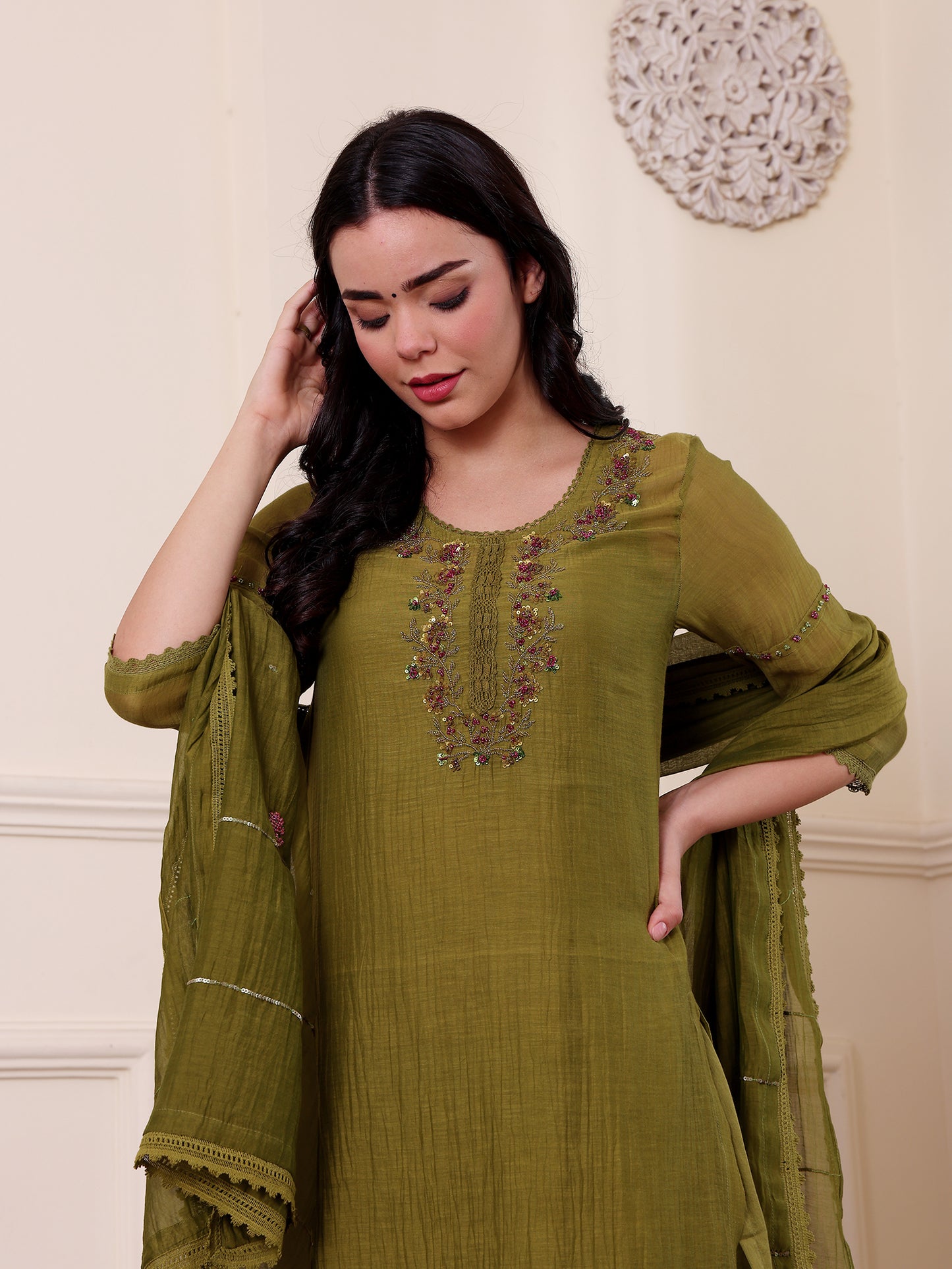 Mehndi green mul chanderi beadwork kurta set