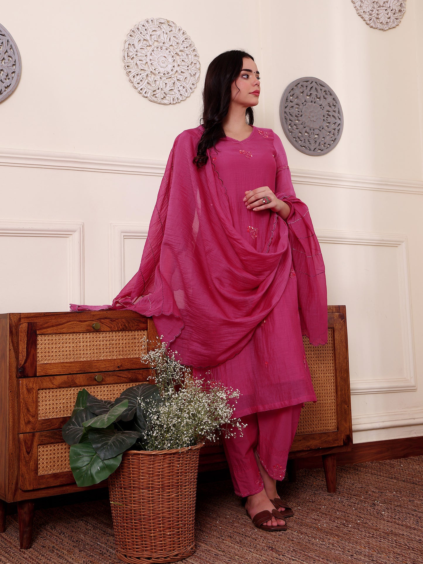 Rani pink mul Chanderi bead work Kurta