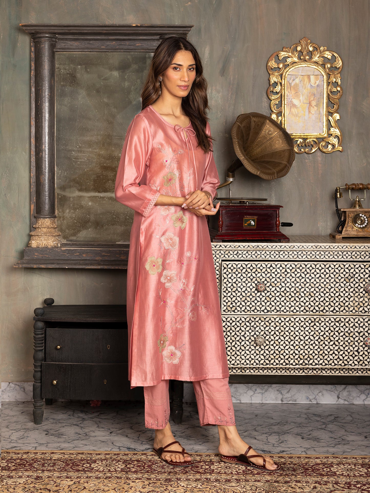 onion pink silk chanderi thread and fabric cutwork work kurta set