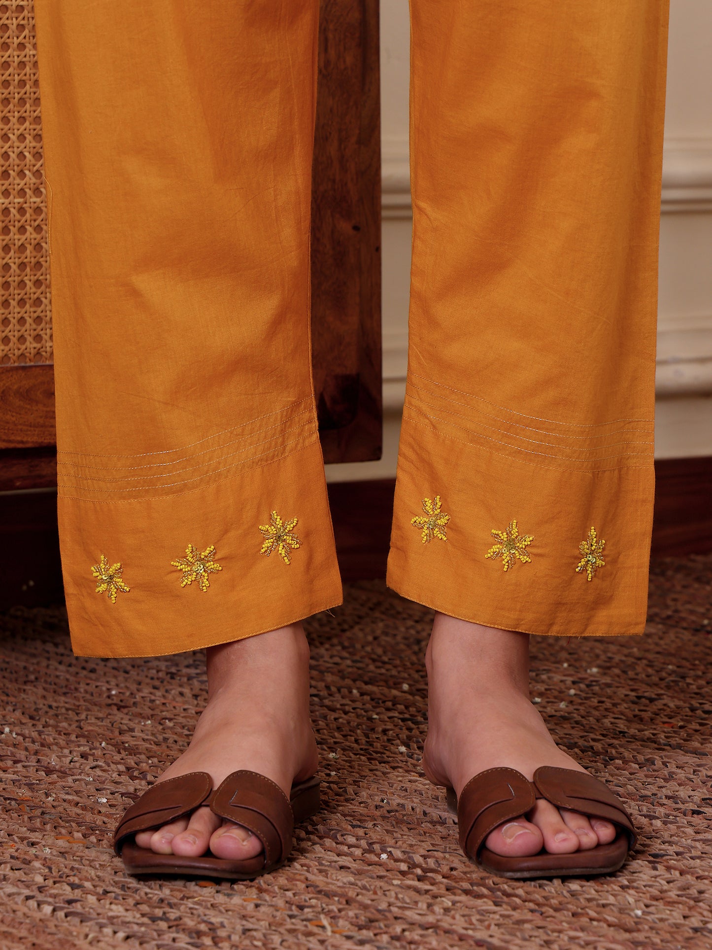 Yellow mul chanderi bead work kurta set