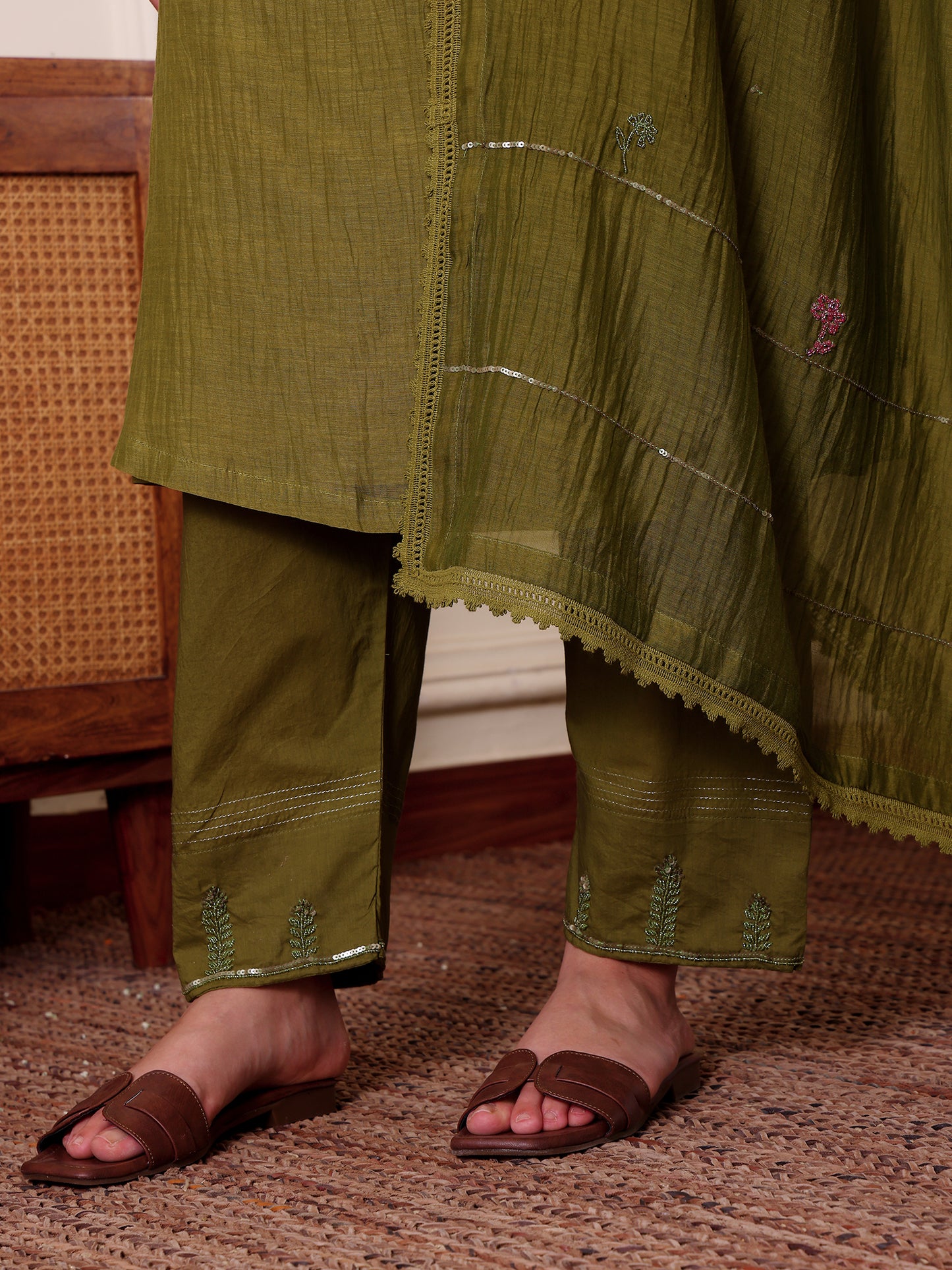 Mehndi green mul chanderi beadwork kurta set