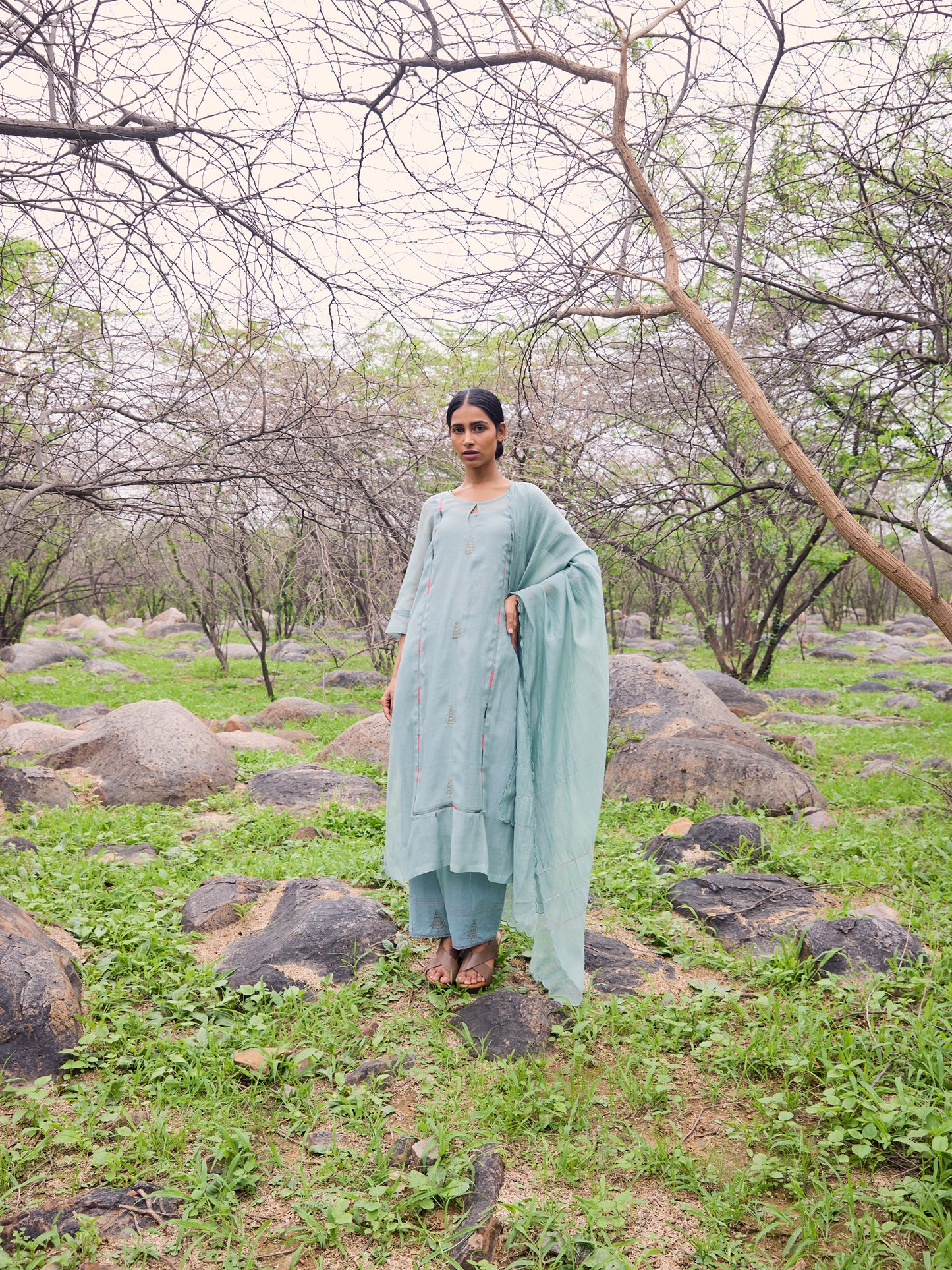 Sea blue mul chanderi threadwork kurta
