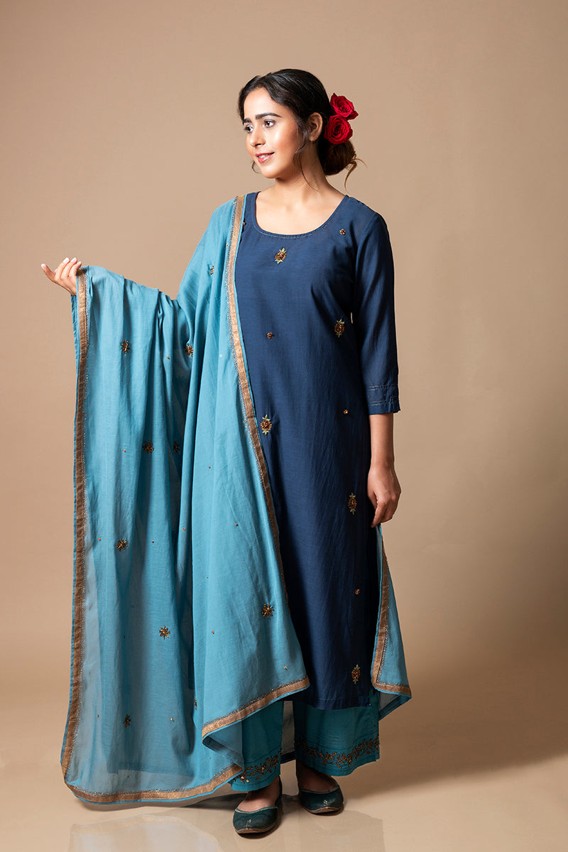 Teal Blue Zardozi Cotton Silk Dupatta