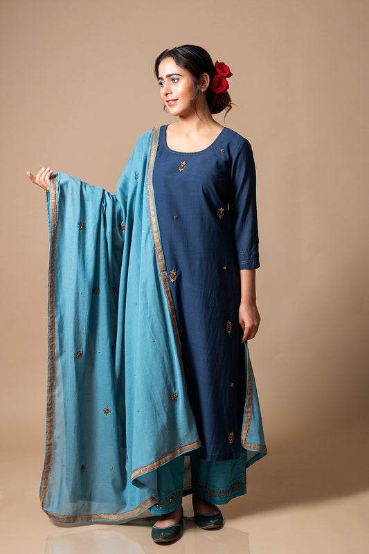 Teal Blue Zardozi Cotton Silk Dupatta