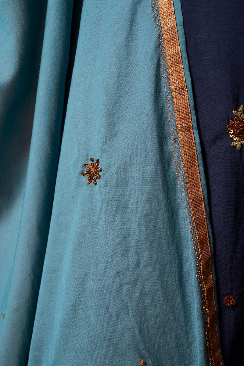 Teal Blue Zardozi Cotton Silk Dupatta