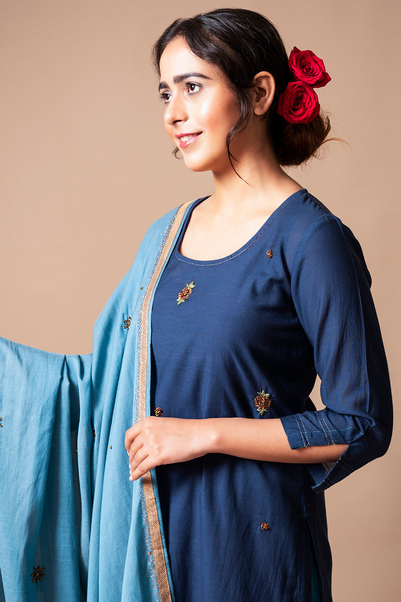 Navy Blue Cotton Silk Kurta Set