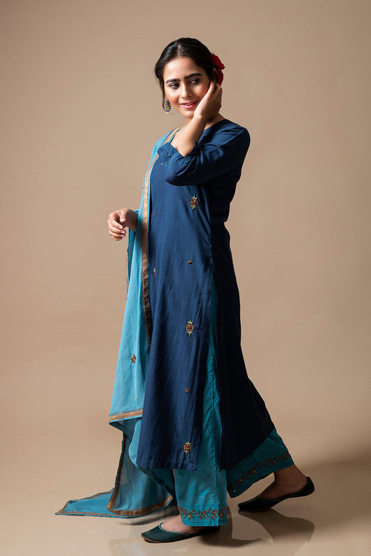 Navy Blue Cotton Silk Kurta Set