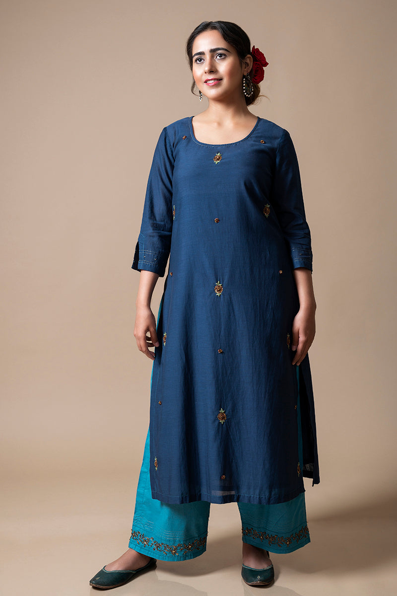 Navy Blue Cotton Silk Kurta Set