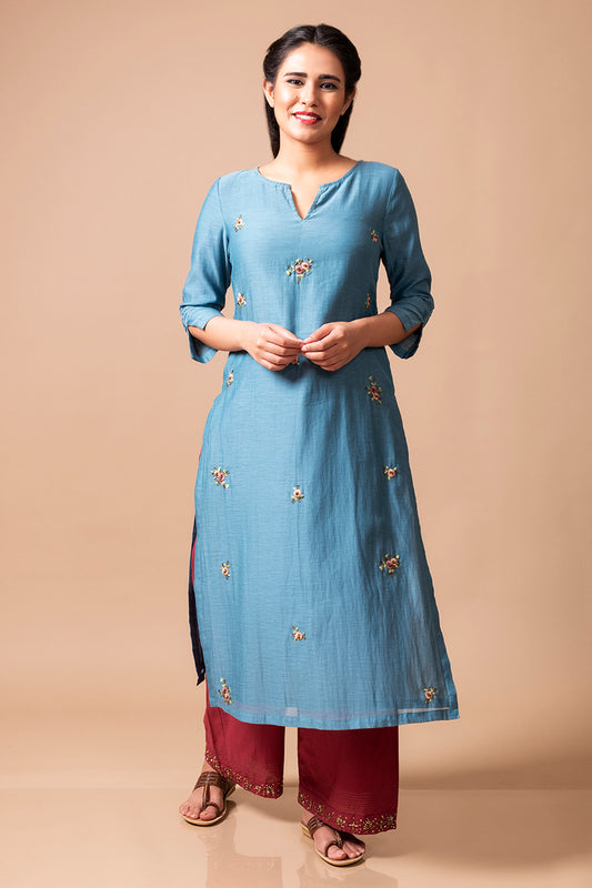Teal Blue Chanderi Silk Kurta