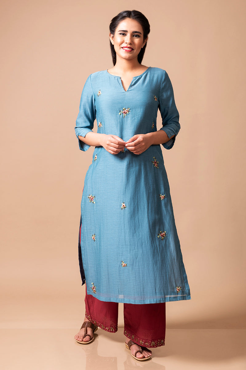Teal Blue Chanderi Silk Kurta Set