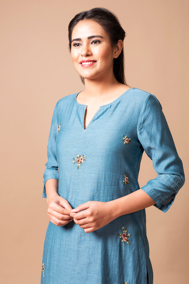 Teal Blue Chanderi Silk Kurta Set