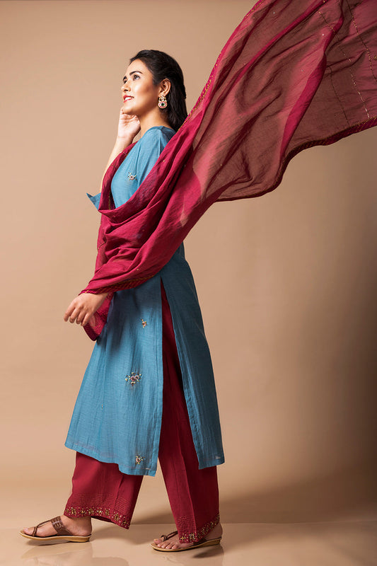 Teal Blue Chanderi Silk Kurta Set