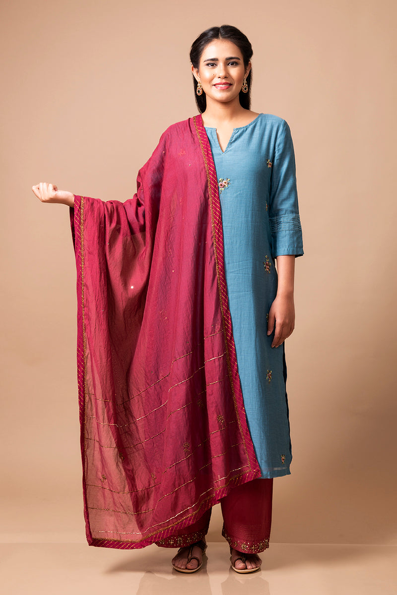 Teal Blue Chanderi Silk Kurta Set