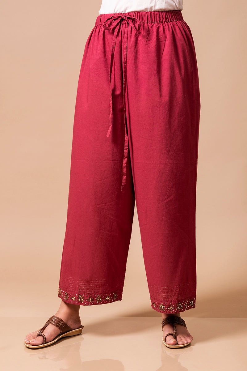 Wine Zardozi Cotton Pants