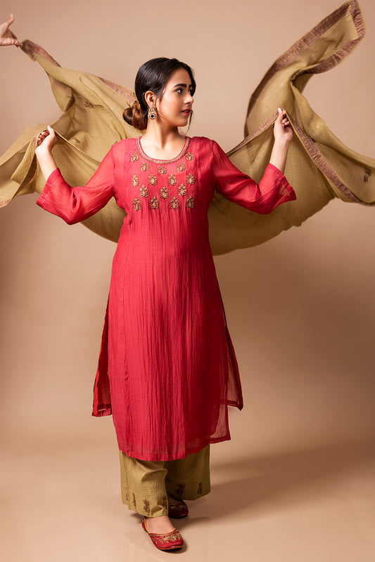 Red Chanderi Silk Kurta Set