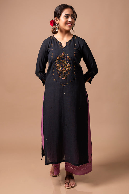 Black Cotton Linen Kurta