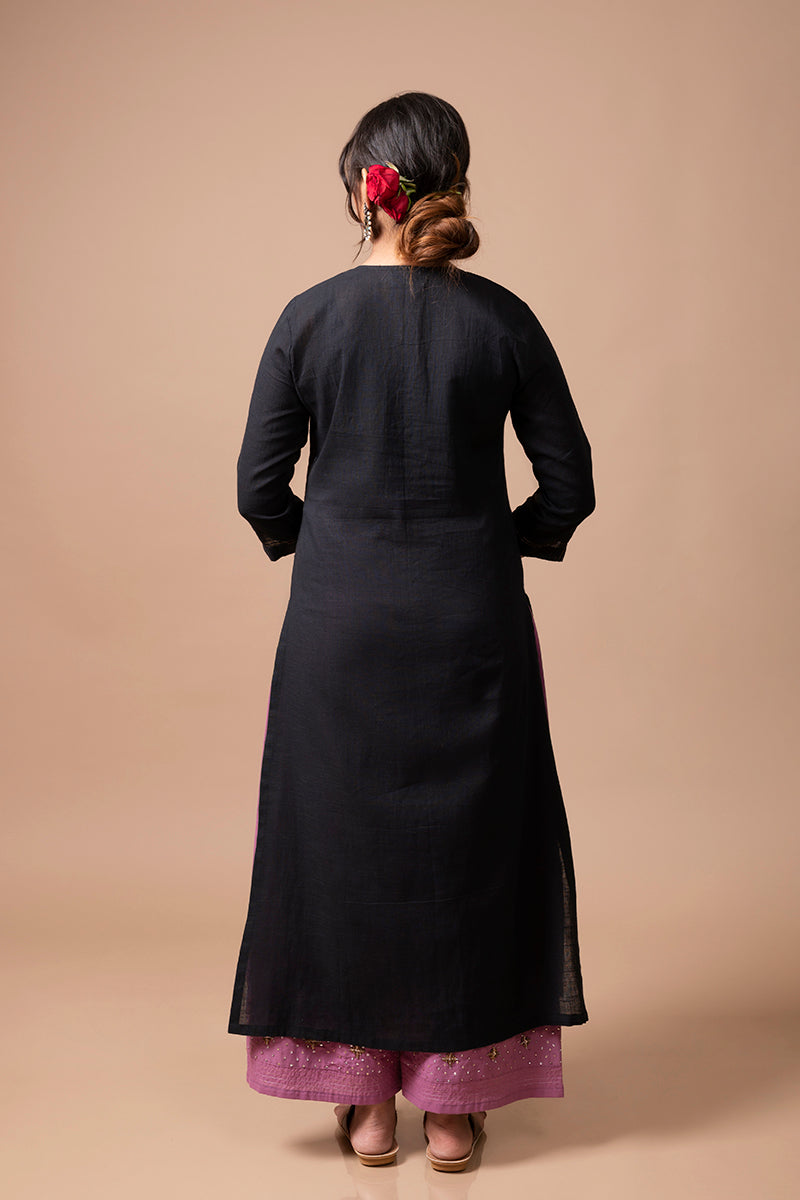 Black Cotton Linen Kurta