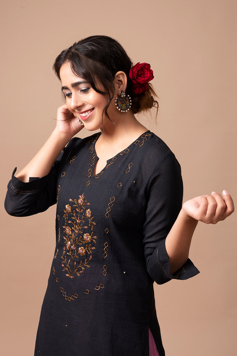 Black Cotton Linen Kurta Set