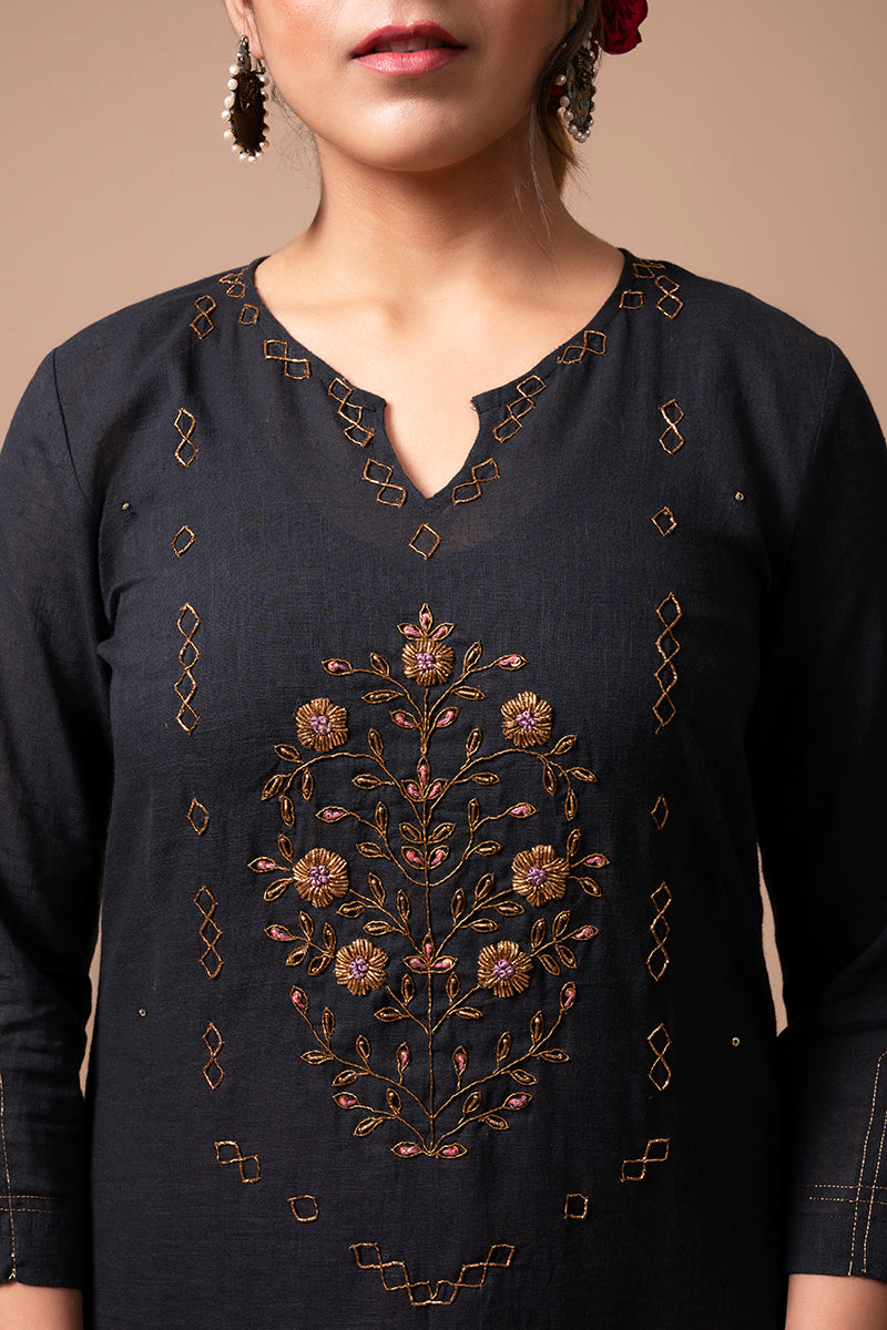 Black Cotton Linen Kurta Set