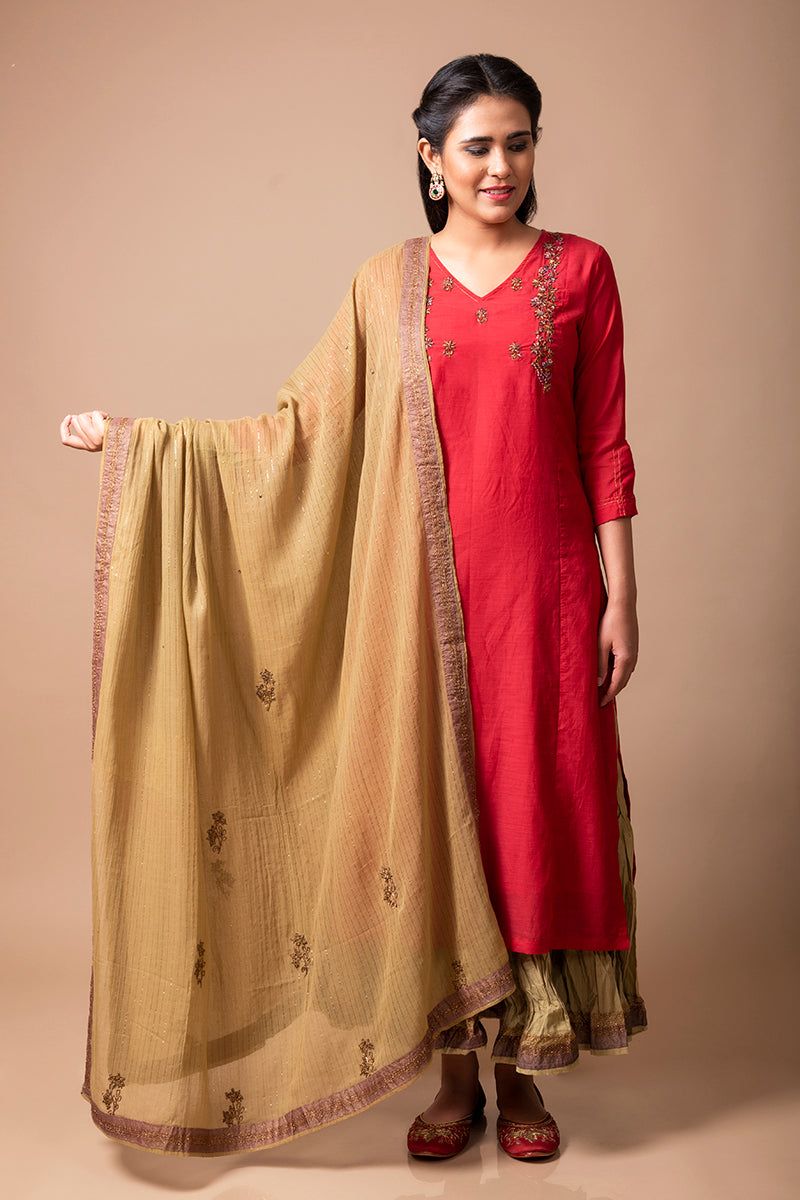 Red Cotton Silk Kurta Set
