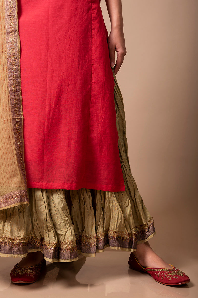 Red Cotton Silk Kurta Set