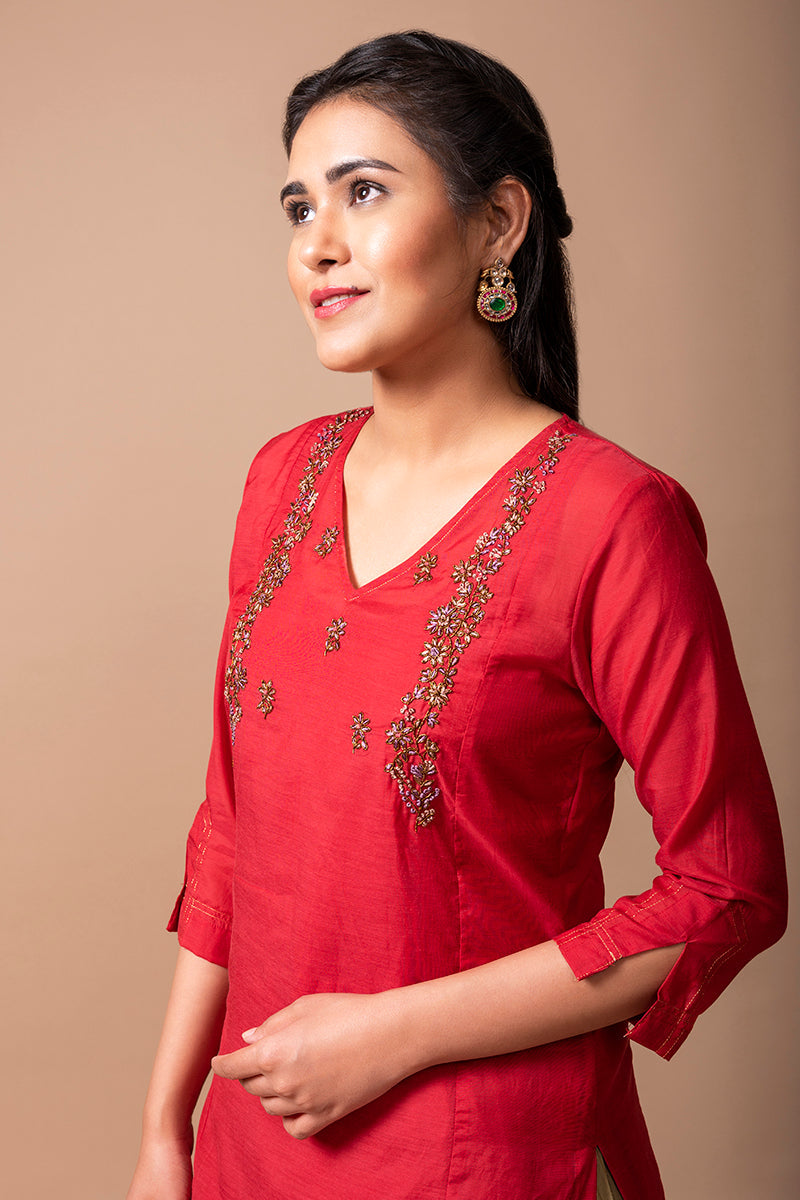 Red Cotton Silk Kurta Set
