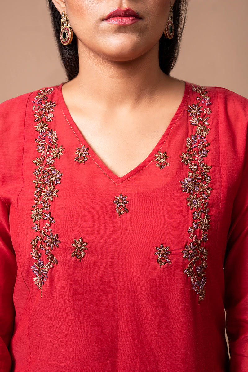 Red Cotton Silk Kurta Set