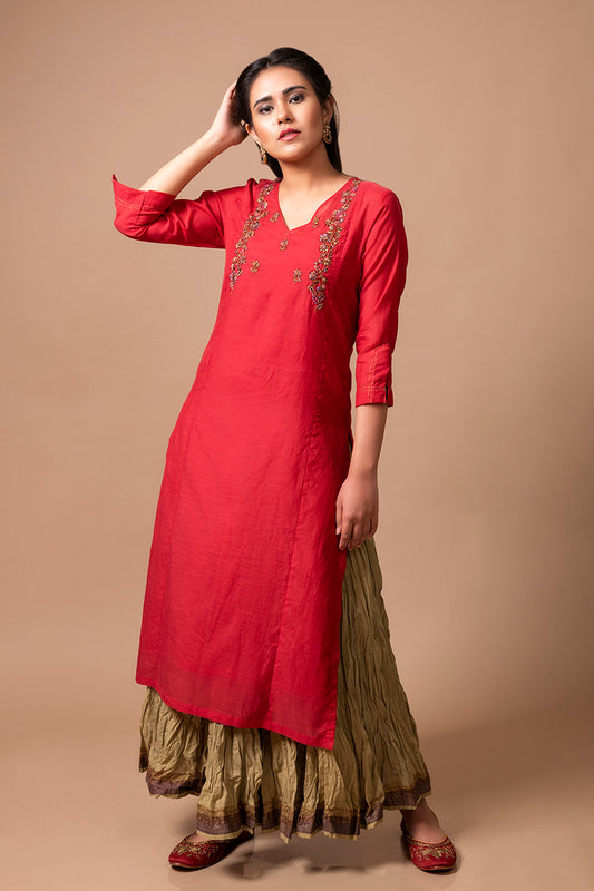 Red Cotton Silk Kurta