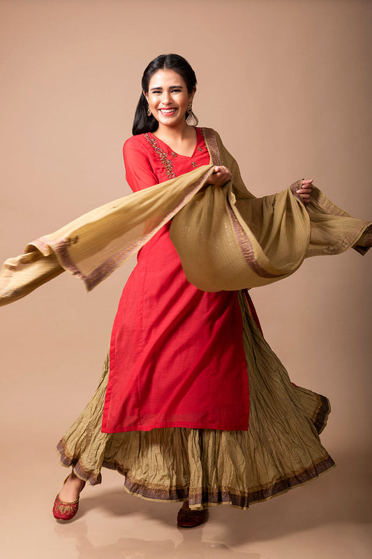 Red Cotton Silk Kurta Set