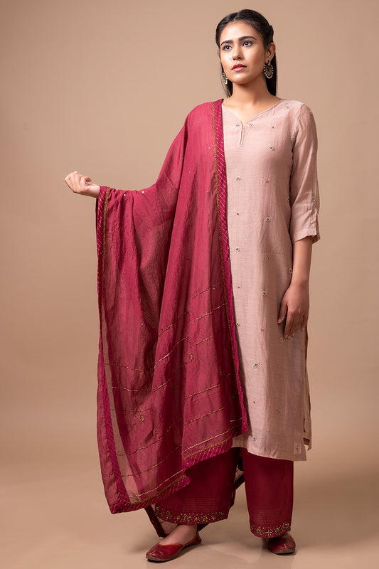 Wine Zardozi Chanderi Dupatta