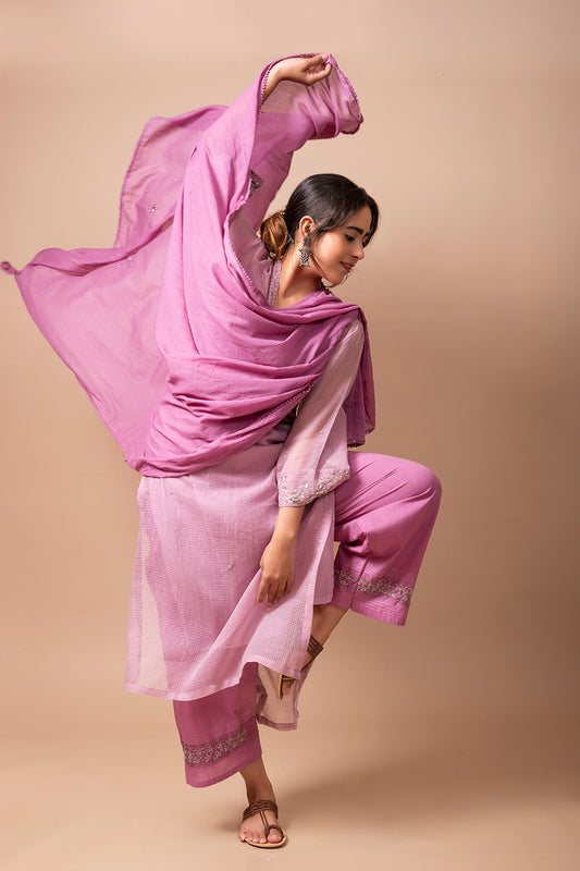 Mauve Kota Doria Kurta Set