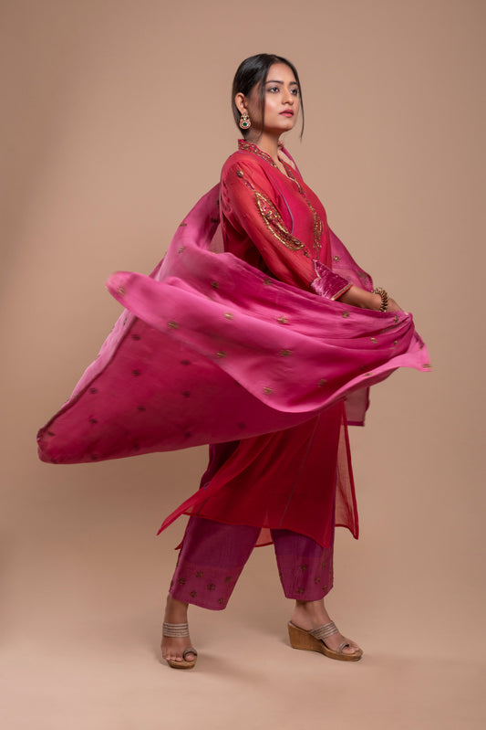 Red Chanderi Silk Kurta Set
