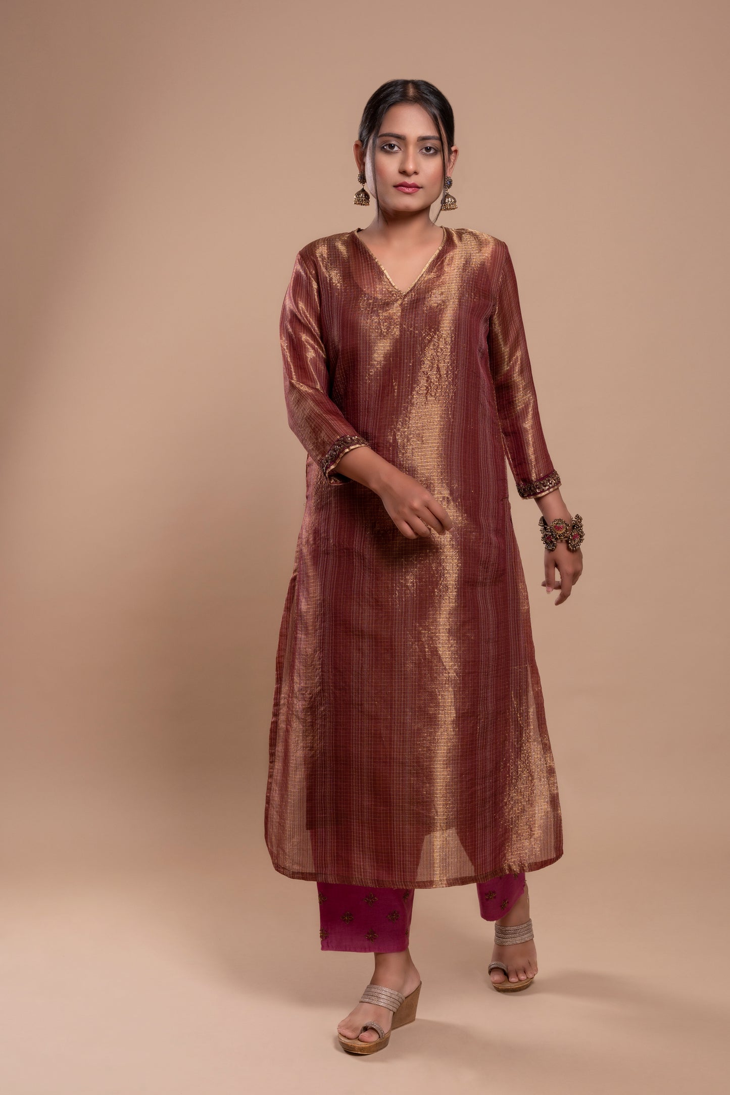Burgundy Antique Gold Kota Tissue Kurta