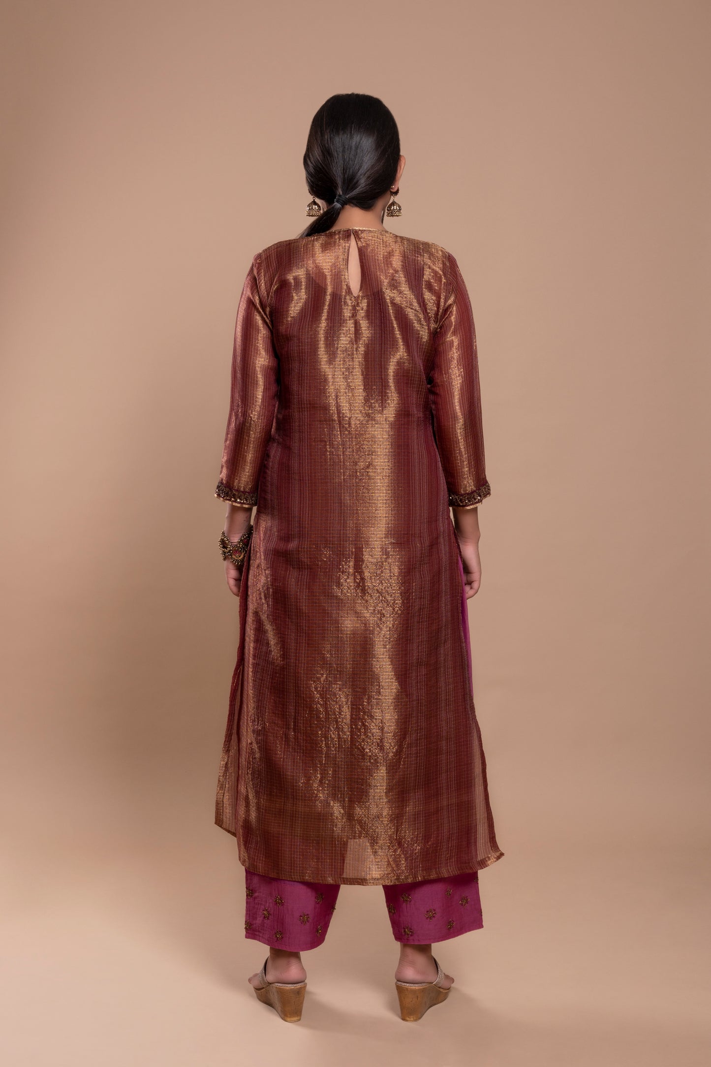 Burgundy Antique Gold Kota Tissue Kurta