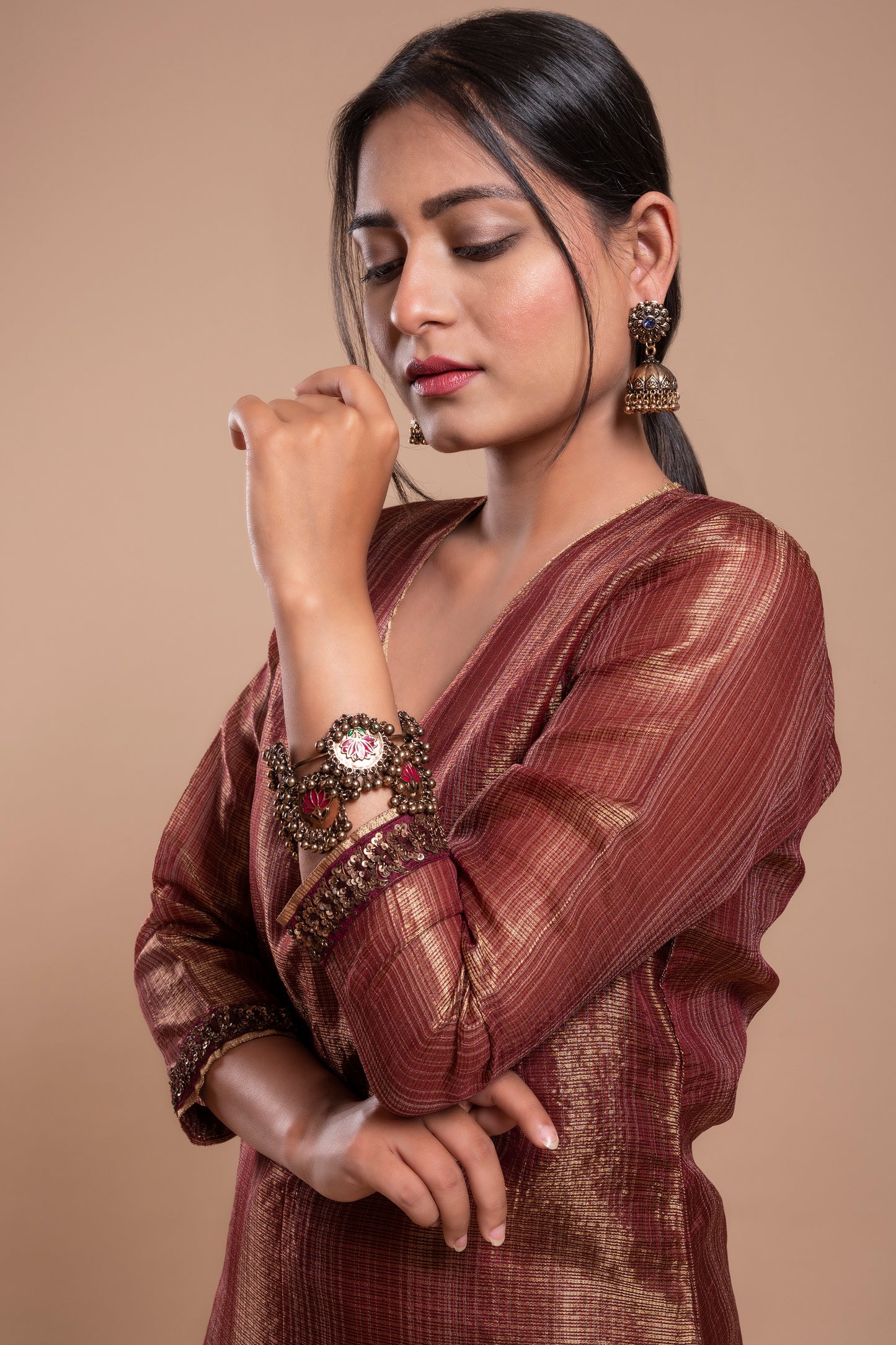 Burgundy Antique Gold Kota Tissue Kurta