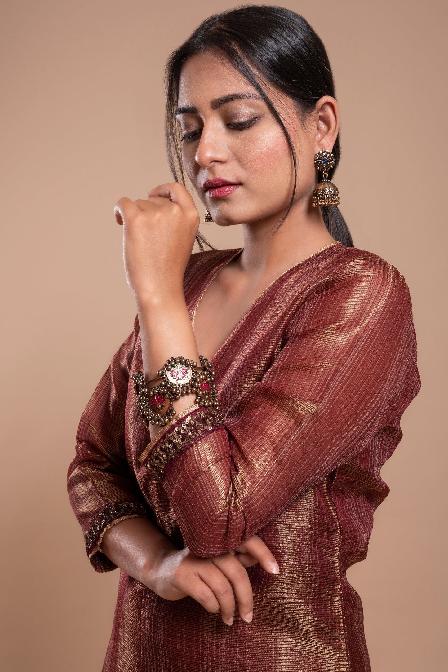 Burgundy Antique Gold Kota Tissue Kurta Set