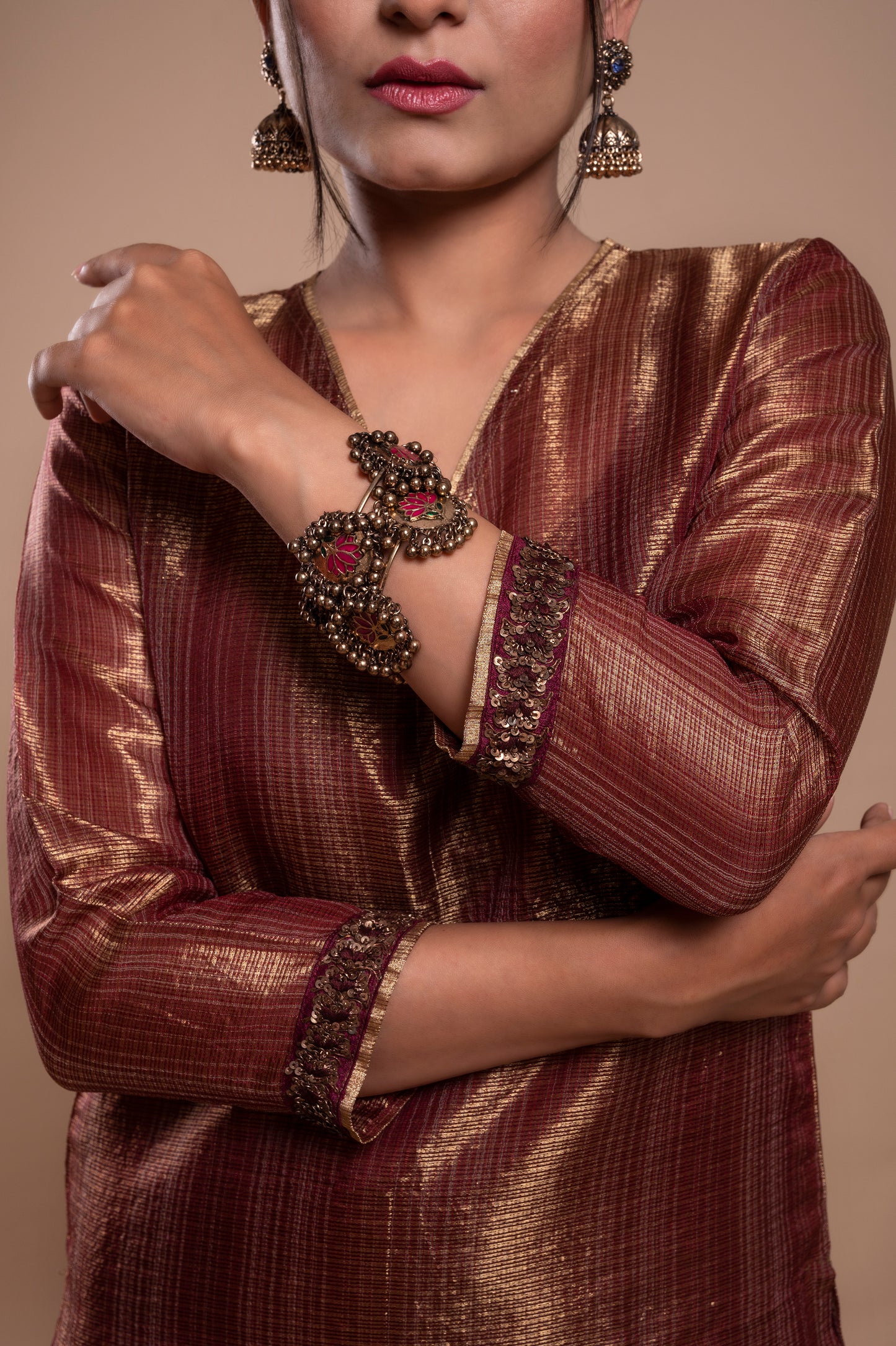 Burgundy Antique Gold Kota Tissue Kurta