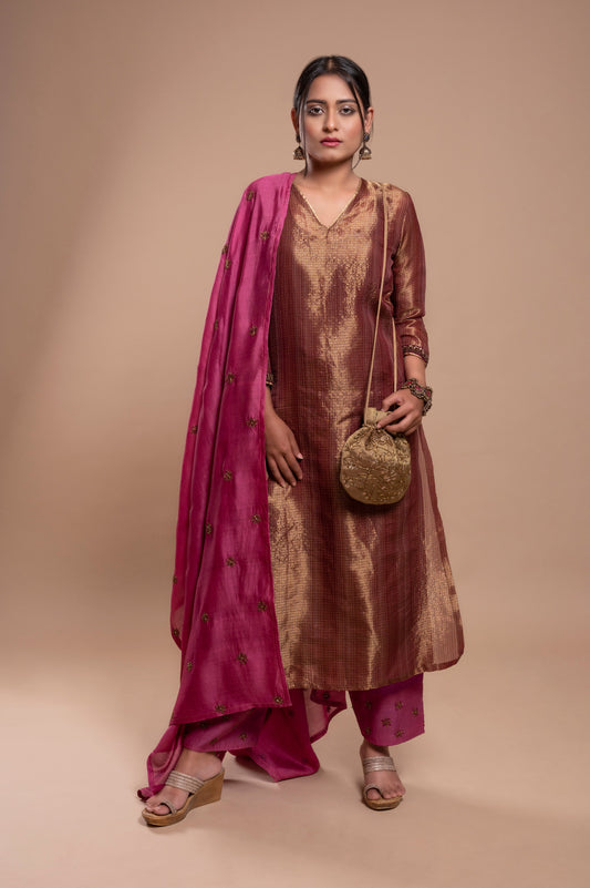 Burgundy Antique Gold Kota Tissue Kurta Set