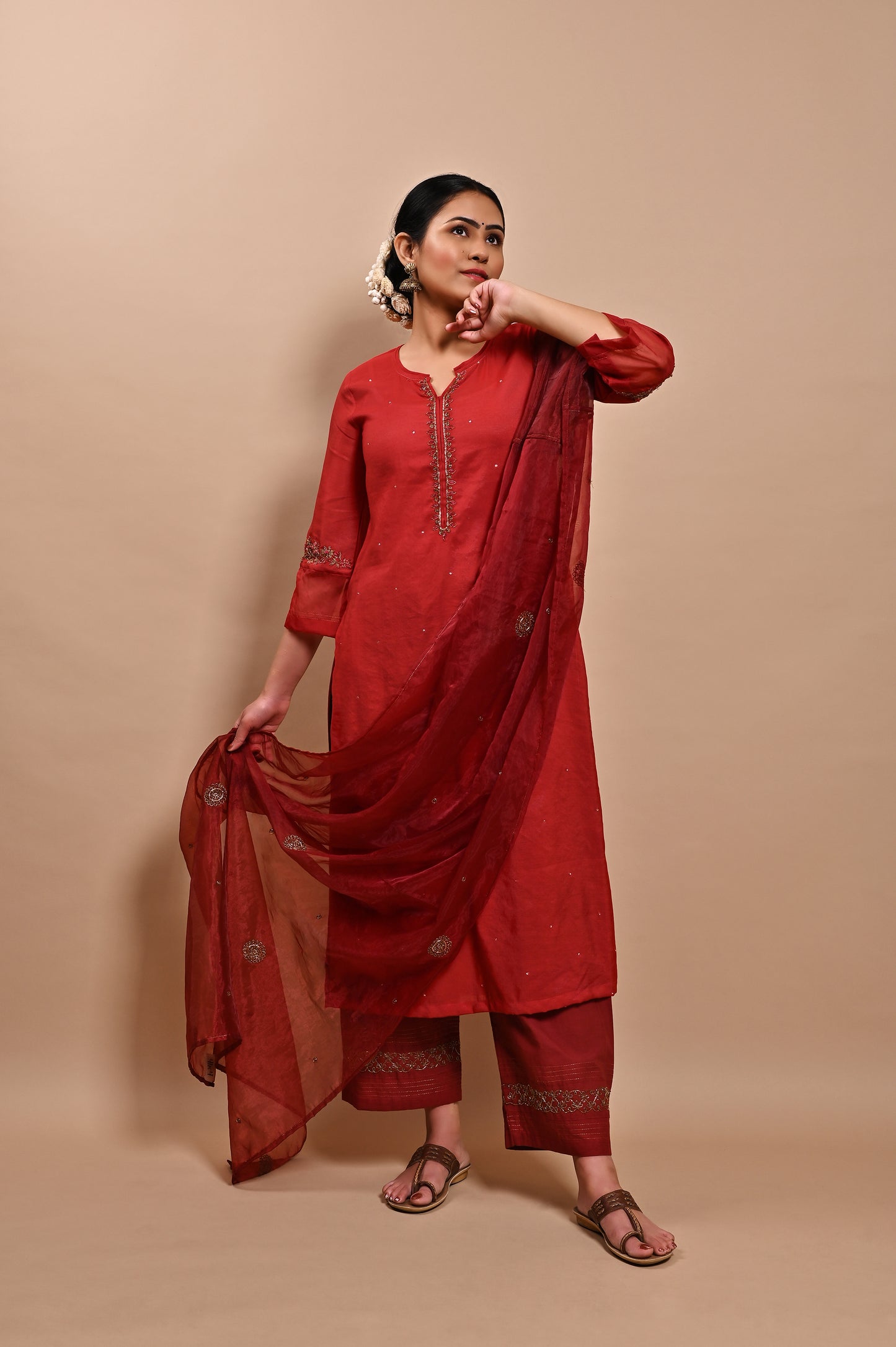 Red Handloom Silk Kurta Set