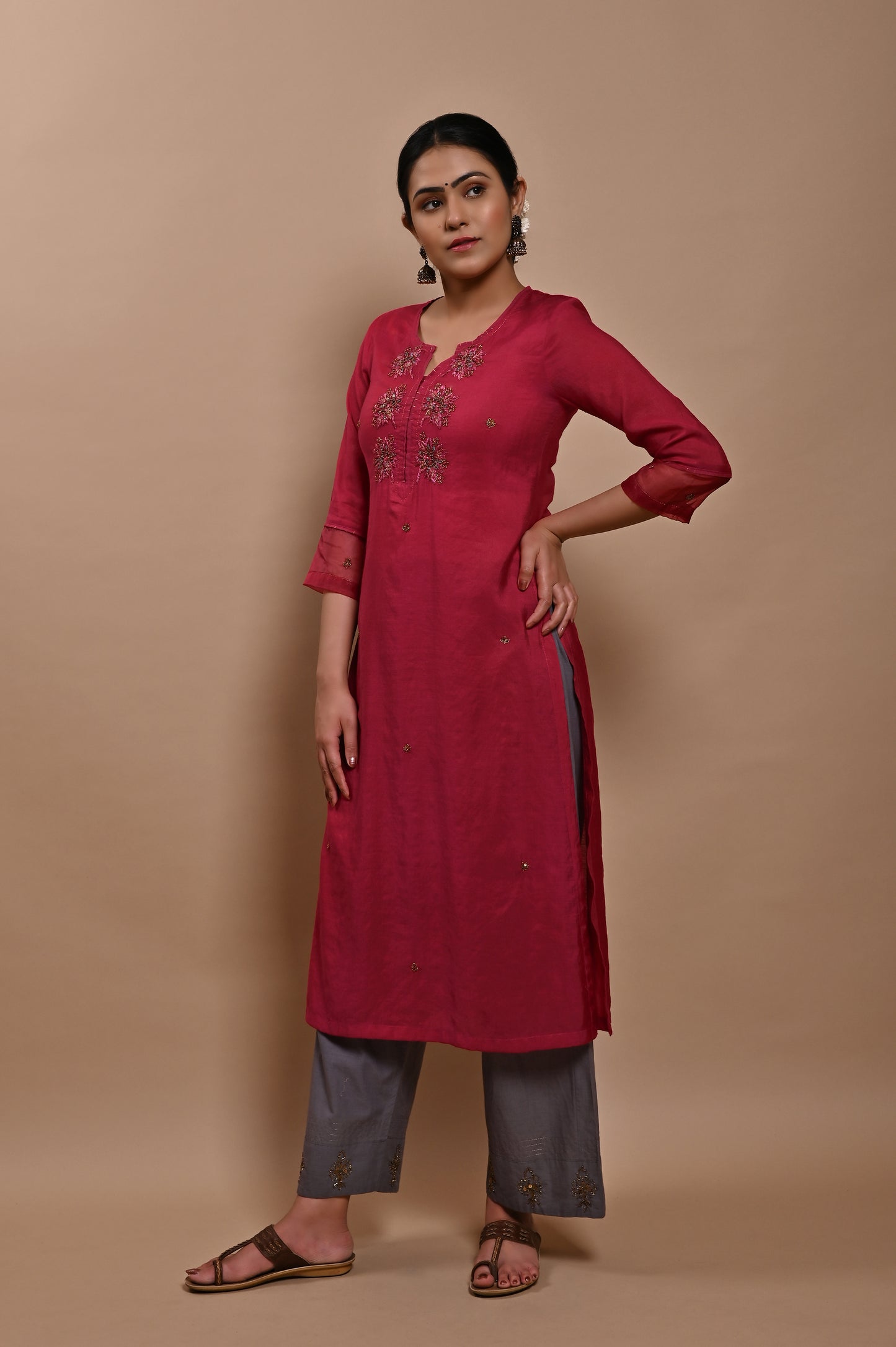 Rani Pink Handloom Silk Kurta Set