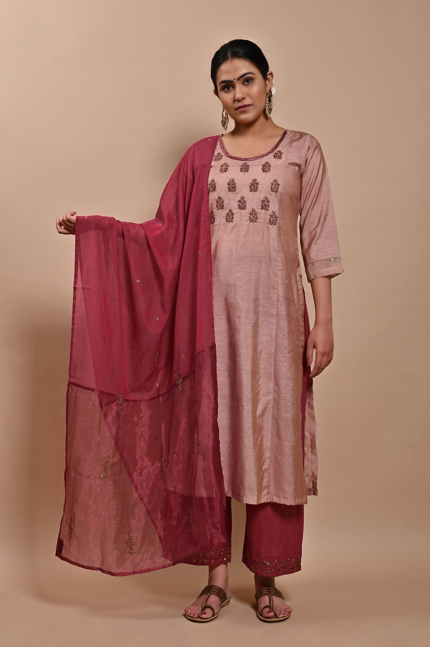 Wine Zardozi Silk Chanderi Dupatta