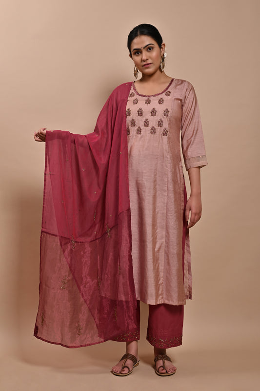 Wine Zardozi Silk Chanderi Dupatta
